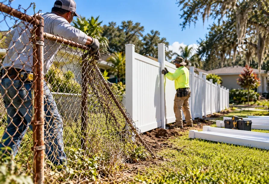 Workers replacing an old chain link fence with a new white vinyl privacy fence at an Altamonte Springs home.